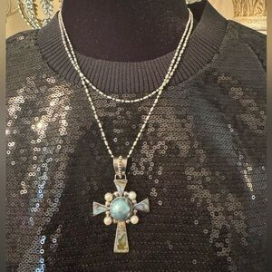 Vintage Rare Merav Thailand 925 Marble Pearl Abalone Cross Pendent Necklace